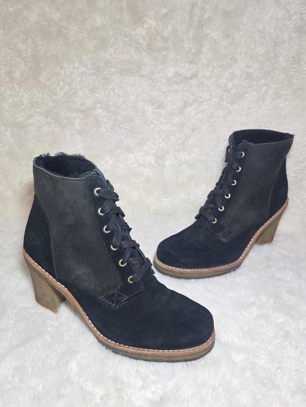 UGG Antora Black Suede Shearling Heeled Lace Up Boots Size 9 Cozy Winter Boho